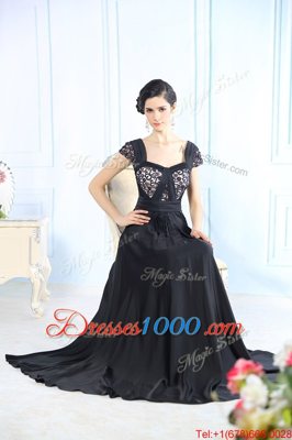 Black Cap Sleeves Beading Floor Length