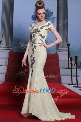 Mermaid Cap Sleeves Brush Train Embroidery Side Zipper Prom Dress