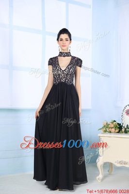 High-neck Short Sleeves Zipper Dress for Prom Black Chiffon