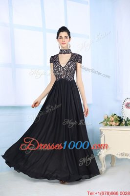 High-neck Short Sleeves Zipper Dress for Prom Black Chiffon