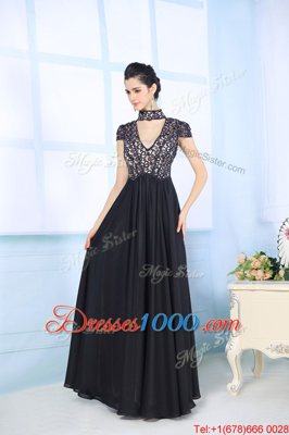 High-neck Short Sleeves Zipper Dress for Prom Black Chiffon