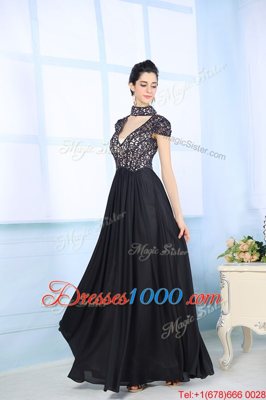 High-neck Short Sleeves Zipper Dress for Prom Black Chiffon