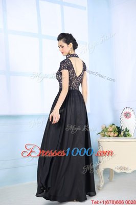 High-neck Short Sleeves Zipper Dress for Prom Black Chiffon