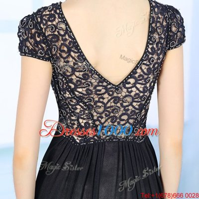 High-neck Short Sleeves Zipper Dress for Prom Black Chiffon