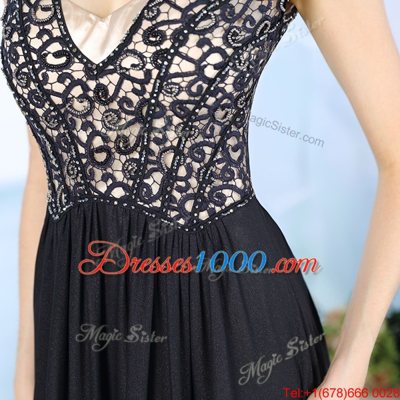 High-neck Short Sleeves Zipper Dress for Prom Black Chiffon