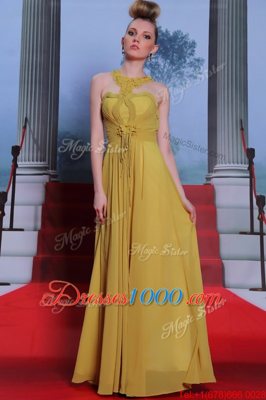 Scalloped Gold Chiffon Clasp Handle Sleeveless Floor Length Appliques and Ruching