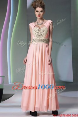 Trendy Pink Side Zipper Sweetheart Embroidery and Ruching Prom Dresses Chiffon Cap Sleeves