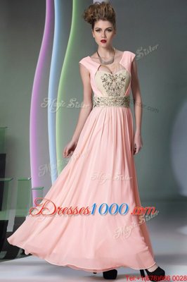 Trendy Pink Side Zipper Sweetheart Embroidery and Ruching Prom Dresses Chiffon Cap Sleeves