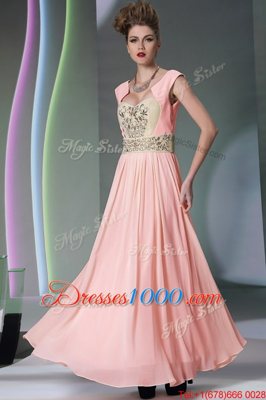 Trendy Pink Side Zipper Sweetheart Embroidery and Ruching Prom Dresses Chiffon Cap Sleeves