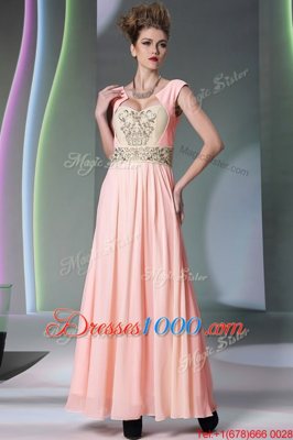 Trendy Pink Side Zipper Sweetheart Embroidery and Ruching Prom Dresses Chiffon Cap Sleeves