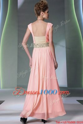 Trendy Pink Side Zipper Sweetheart Embroidery and Ruching Prom Dresses Chiffon Cap Sleeves