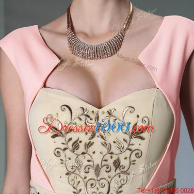 Trendy Pink Side Zipper Sweetheart Embroidery and Ruching Prom Dresses Chiffon Cap Sleeves