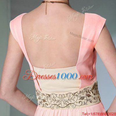 Trendy Pink Side Zipper Sweetheart Embroidery and Ruching Prom Dresses Chiffon Cap Sleeves