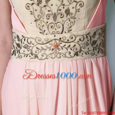 Trendy Pink Side Zipper Sweetheart Embroidery and Ruching Prom Dresses Chiffon Cap Sleeves