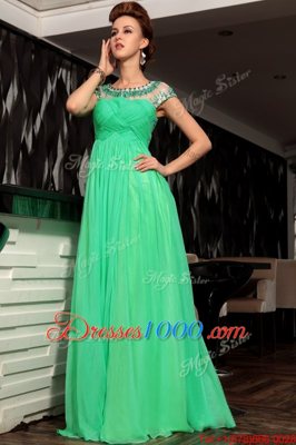 Scoop Green Sleeveless Floor Length Beading and Ruching Side Zipper Prom Party Dress