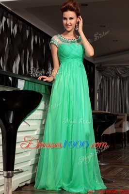 Scoop Green Sleeveless Floor Length Beading and Ruching Side Zipper Prom Party Dress