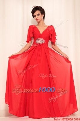 Colorful Floor Length Red Prom Evening Gown Chiffon Short Sleeves Beading