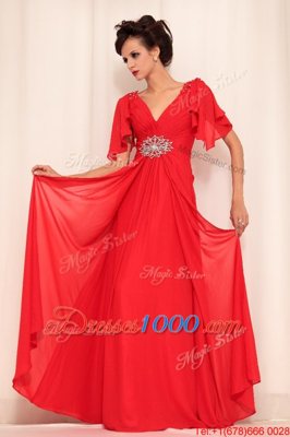 Colorful Floor Length Red Prom Evening Gown Chiffon Short Sleeves Beading