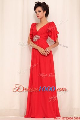 Colorful Floor Length Red Prom Evening Gown Chiffon Short Sleeves Beading