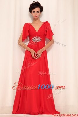 Colorful Floor Length Red Prom Evening Gown Chiffon Short Sleeves Beading