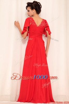 Colorful Floor Length Red Prom Evening Gown Chiffon Short Sleeves Beading