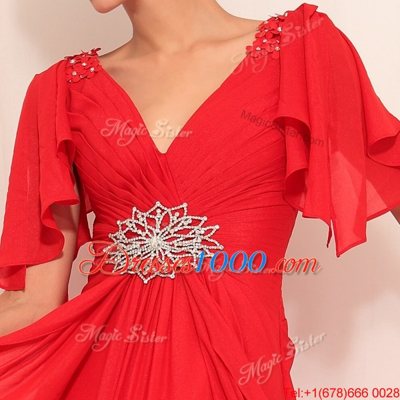 Colorful Floor Length Red Prom Evening Gown Chiffon Short Sleeves Beading