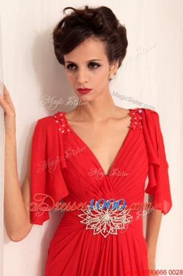 Colorful Floor Length Red Prom Evening Gown Chiffon Short Sleeves Beading