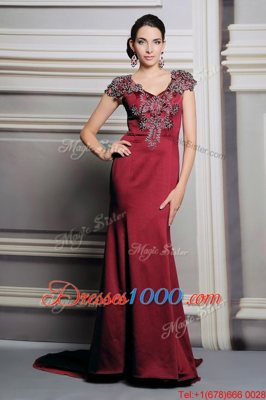 Decent Burgundy Prom Evening Gown V-neck Short Sleeves Court Train Side Zipper