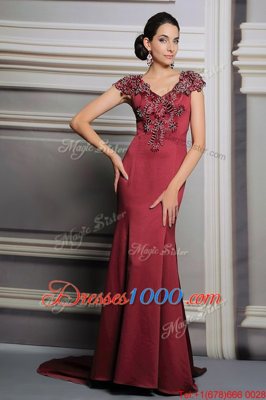 Decent Burgundy Prom Evening Gown V-neck Short Sleeves Court Train Side Zipper