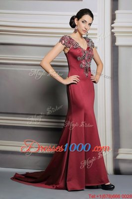 Decent Burgundy Prom Evening Gown V-neck Short Sleeves Court Train Side Zipper