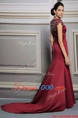 Decent Burgundy Prom Evening Gown V-neck Short Sleeves Court Train Side Zipper