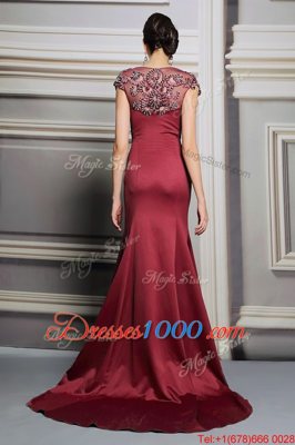 Decent Burgundy Prom Evening Gown V-neck Short Sleeves Court Train Side Zipper