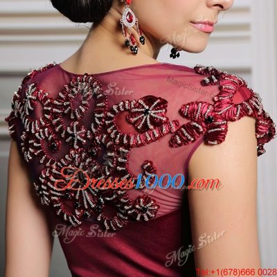 Decent Burgundy Prom Evening Gown V-neck Short Sleeves Court Train Side Zipper