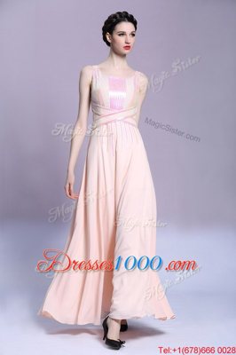 Fantastic Peach Square Neckline Pattern Prom Dresses Sleeveless Criss Cross