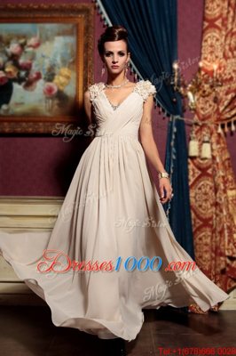 Fancy Cap Sleeves Side Zipper Floor Length Beading and Hand Made Flower Homecoming Dress