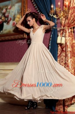 Fancy Cap Sleeves Side Zipper Floor Length Beading and Hand Made Flower Homecoming Dress