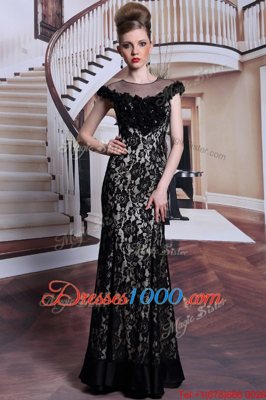 Lace Floor Length Black Dress for Prom Scoop Cap Sleeves Zipper