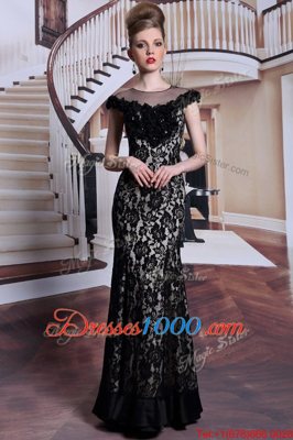 Lace Floor Length Black Dress for Prom Scoop Cap Sleeves Zipper