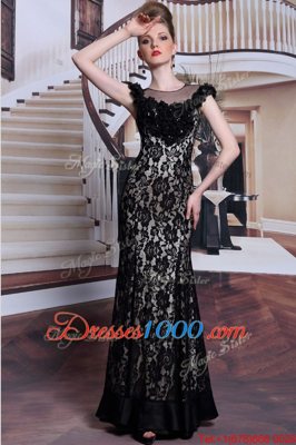 Lace Floor Length Black Dress for Prom Scoop Cap Sleeves Zipper