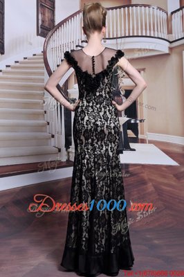 Lace Floor Length Black Dress for Prom Scoop Cap Sleeves Zipper