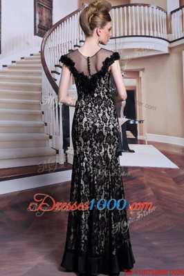 Lace Floor Length Black Dress for Prom Scoop Cap Sleeves Zipper