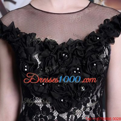 Lace Floor Length Black Dress for Prom Scoop Cap Sleeves Zipper