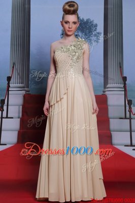 Chic Champagne One Shoulder Neckline Appliques and Ruching Prom Dress Sleeveless Side Zipper