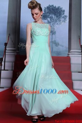 Custom Designed Apple Green Column/Sheath Chiffon Scoop Sleeveless Beading and Ruching Floor Length Side Zipper Evening Dress