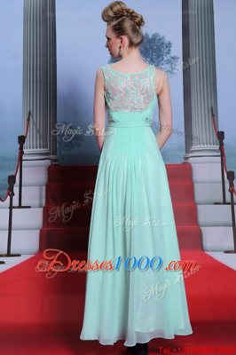 Custom Designed Apple Green Column/Sheath Chiffon Scoop Sleeveless Beading and Ruching Floor Length Side Zipper Evening Dress