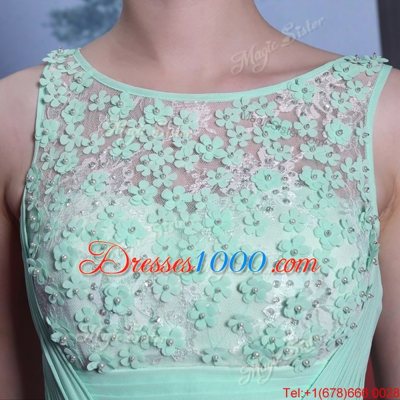 Custom Designed Apple Green Column/Sheath Chiffon Scoop Sleeveless Beading and Ruching Floor Length Side Zipper Evening Dress