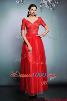 Sumptuous Sequins Red Zipper Short Sleeves Floor Length