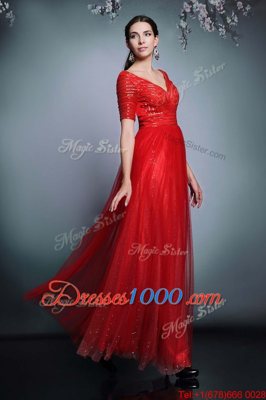 Sumptuous Sequins Red Zipper Short Sleeves Floor Length