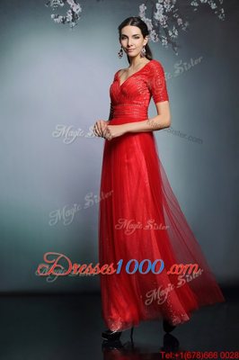 Sumptuous Sequins Red Zipper Short Sleeves Floor Length