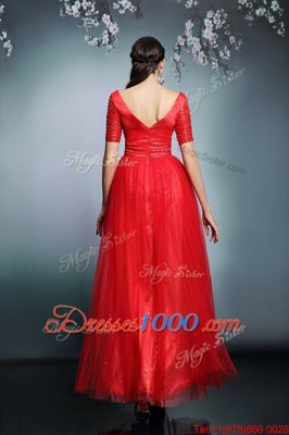 Sumptuous Sequins Red Zipper Short Sleeves Floor Length